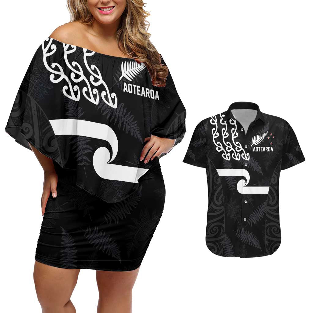 New Zealand Rugby Custom Couples Matching Off Shoulder Short Dress and Hawaiian Shirt The Champions Aotearoa LT03 Black - Polynesian Pride