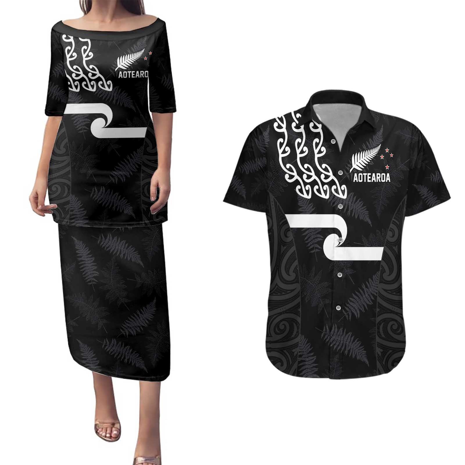 New Zealand Rugby Custom Couples Matching Puletasi and Hawaiian Shirt The Champions Aotearoa LT03 Black - Polynesian Pride