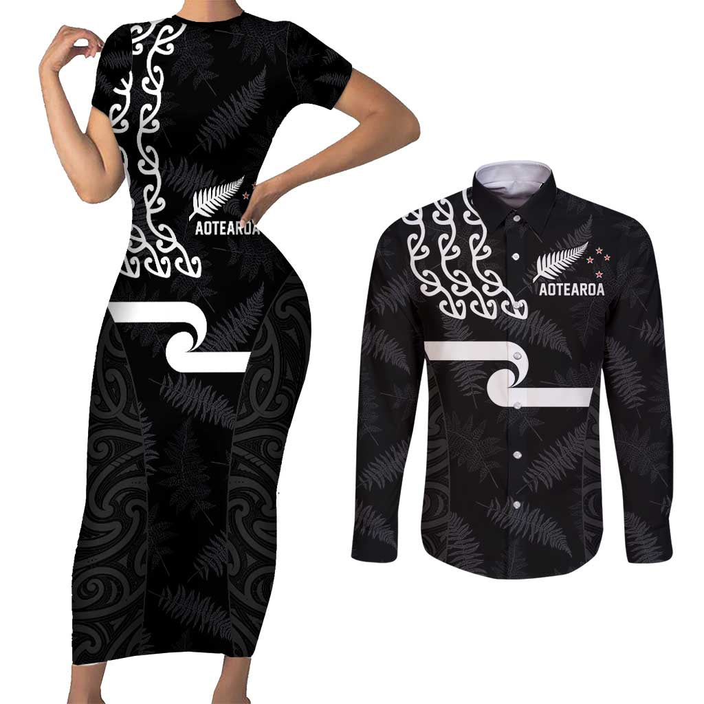 New Zealand Rugby Custom Couples Matching Short Sleeve Bodycon Dress and Long Sleeve Button Shirt The Champions Aotearoa LT03 Black - Polynesian Pride