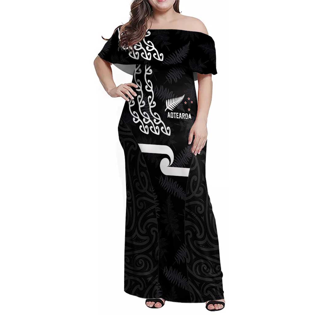New Zealand Rugby Custom Family Matching Off Shoulder Maxi Dress and Hawaiian Shirt The Champions Aotearoa LT03 Mom's Dress Black - Polynesian Pride