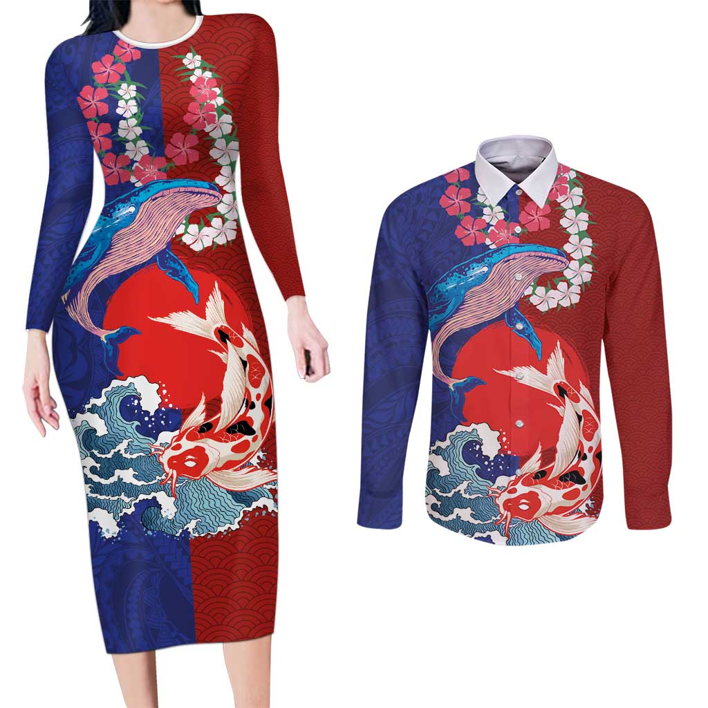 Hawaiian and Japanese Together Couples Matching Long Sleeve Bodycon Dress and Long Sleeve Button Shirt The Whale and Koi Fish with Hinomaru and Lei LT03 Blue - Polynesian Pride