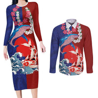 Hawaiian and Japanese Together Couples Matching Long Sleeve Bodycon Dress and Long Sleeve Button Shirt The Whale and Koi Fish with Hinomaru and Lei LT03 Blue - Polynesian Pride