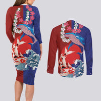 Hawaiian and Japanese Together Couples Matching Long Sleeve Bodycon Dress and Long Sleeve Button Shirt The Whale and Koi Fish with Hinomaru and Lei LT03 - Polynesian Pride