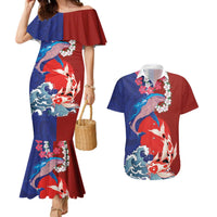 Hawaiian and Japanese Together Couples Matching Mermaid Dress and Hawaiian Shirt The Whale and Koi Fish with Hinomaru and Lei LT03 Blue - Polynesian Pride