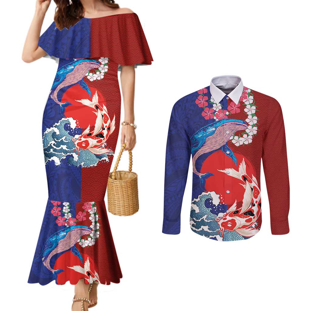 Hawaiian and Japanese Together Couples Matching Mermaid Dress and Long Sleeve Button Shirt The Whale and Koi Fish with Hinomaru and Lei LT03 Blue - Polynesian Pride