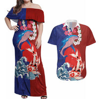 Hawaiian and Japanese Together Couples Matching Off Shoulder Maxi Dress and Hawaiian Shirt The Whale and Koi Fish with Hinomaru and Lei LT03 Blue - Polynesian Pride