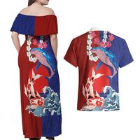 Hawaiian and Japanese Together Couples Matching Off Shoulder Maxi Dress and Hawaiian Shirt The Whale and Koi Fish with Hinomaru and Lei LT03 - Polynesian Pride
