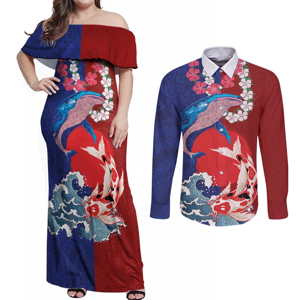 Hawaiian and Japanese Together Couples Matching Off Shoulder Maxi Dress and Long Sleeve Button Shirt The Whale and Koi Fish with Hinomaru and Lei LT03 Blue - Polynesian Pride