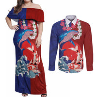 Hawaiian and Japanese Together Couples Matching Off Shoulder Maxi Dress and Long Sleeve Button Shirt The Whale and Koi Fish with Hinomaru and Lei LT03 Blue - Polynesian Pride