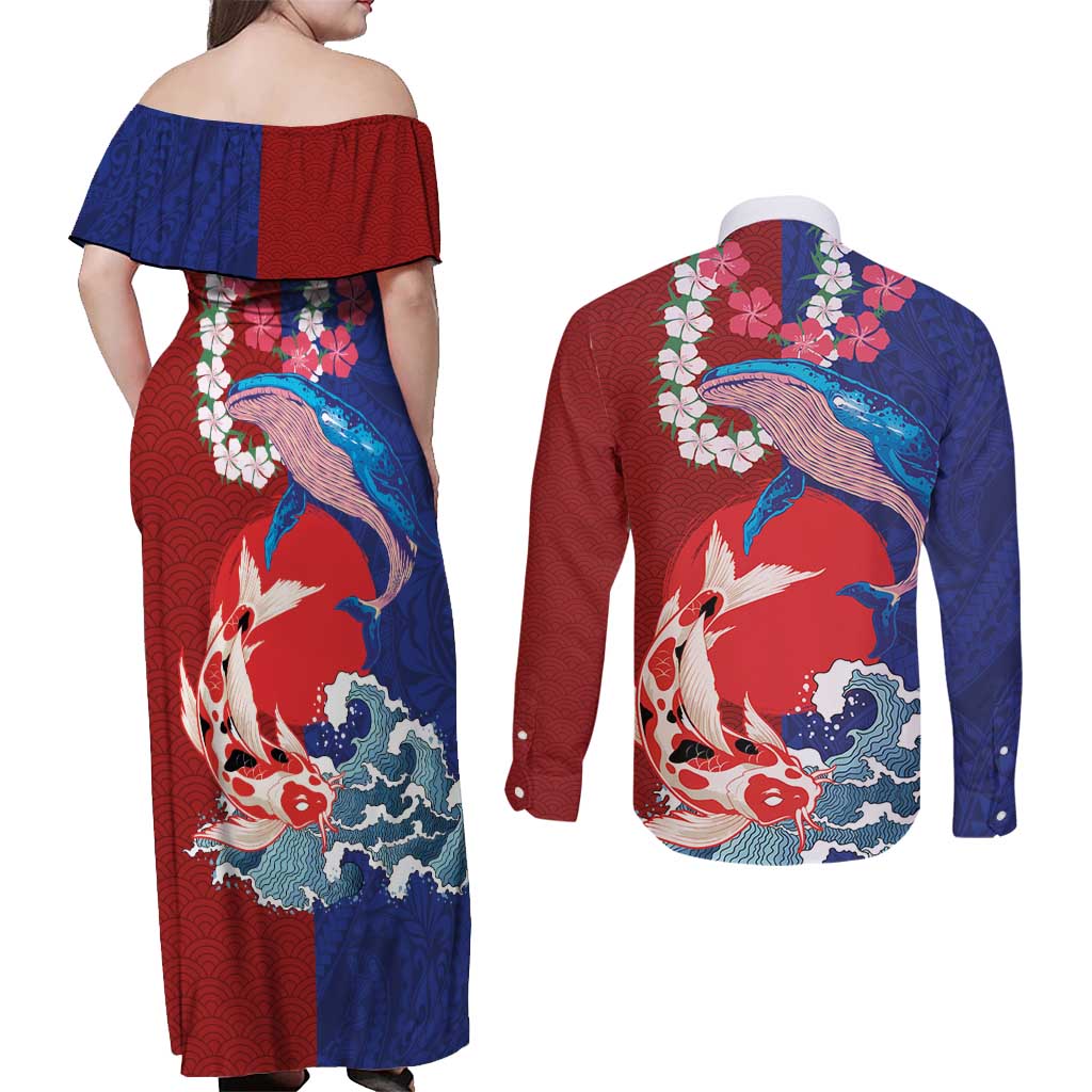 Hawaiian and Japanese Together Couples Matching Off Shoulder Maxi Dress and Long Sleeve Button Shirt The Whale and Koi Fish with Hinomaru and Lei LT03 - Polynesian Pride