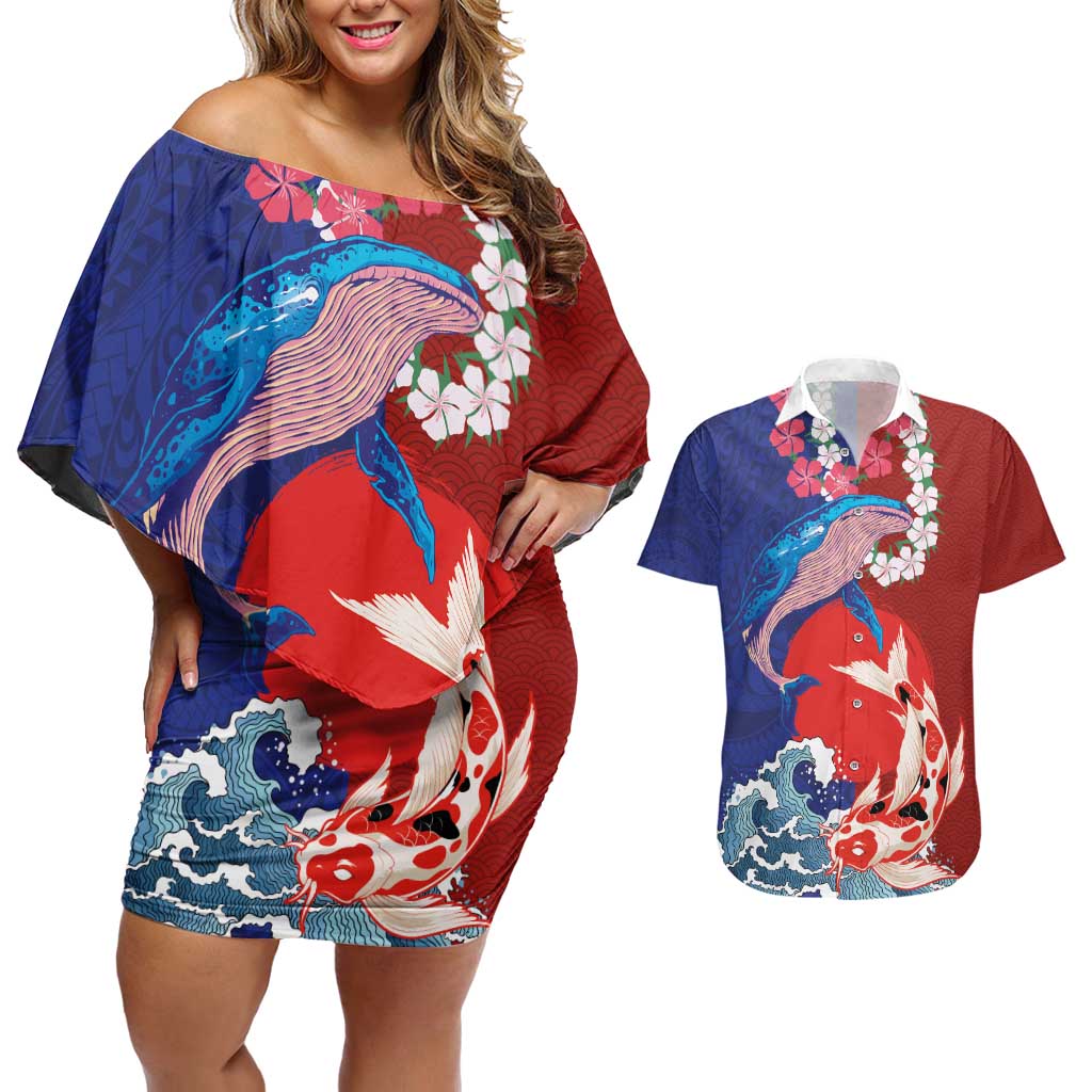 Hawaiian and Japanese Together Couples Matching Off Shoulder Short Dress and Hawaiian Shirt The Whale and Koi Fish with Hinomaru and Lei LT03 Blue - Polynesian Pride