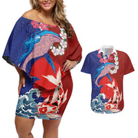 Hawaiian and Japanese Together Couples Matching Off Shoulder Short Dress and Hawaiian Shirt The Whale and Koi Fish with Hinomaru and Lei LT03 Blue - Polynesian Pride
