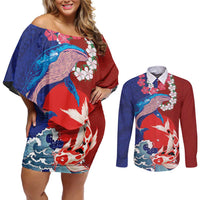 Hawaiian and Japanese Together Couples Matching Off Shoulder Short Dress and Long Sleeve Button Shirt The Whale and Koi Fish with Hinomaru and Lei LT03 Blue - Polynesian Pride