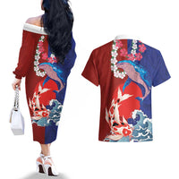 Hawaiian and Japanese Together Couples Matching Off The Shoulder Long Sleeve Dress and Hawaiian Shirt The Whale and Koi Fish with Hinomaru and Lei LT03 - Polynesian Pride
