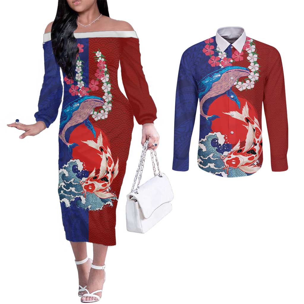 Hawaiian and Japanese Together Couples Matching Off The Shoulder Long Sleeve Dress and Long Sleeve Button Shirt The Whale and Koi Fish with Hinomaru and Lei LT03 Blue - Polynesian Pride
