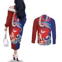Hawaiian and Japanese Together Couples Matching Off The Shoulder Long Sleeve Dress and Long Sleeve Button Shirt The Whale and Koi Fish with Hinomaru and Lei LT03 - Polynesian Pride