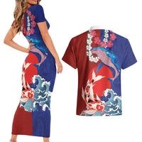 Hawaiian and Japanese Together Couples Matching Short Sleeve Bodycon Dress and Hawaiian Shirt The Whale and Koi Fish with Hinomaru and Lei LT03 - Polynesian Pride
