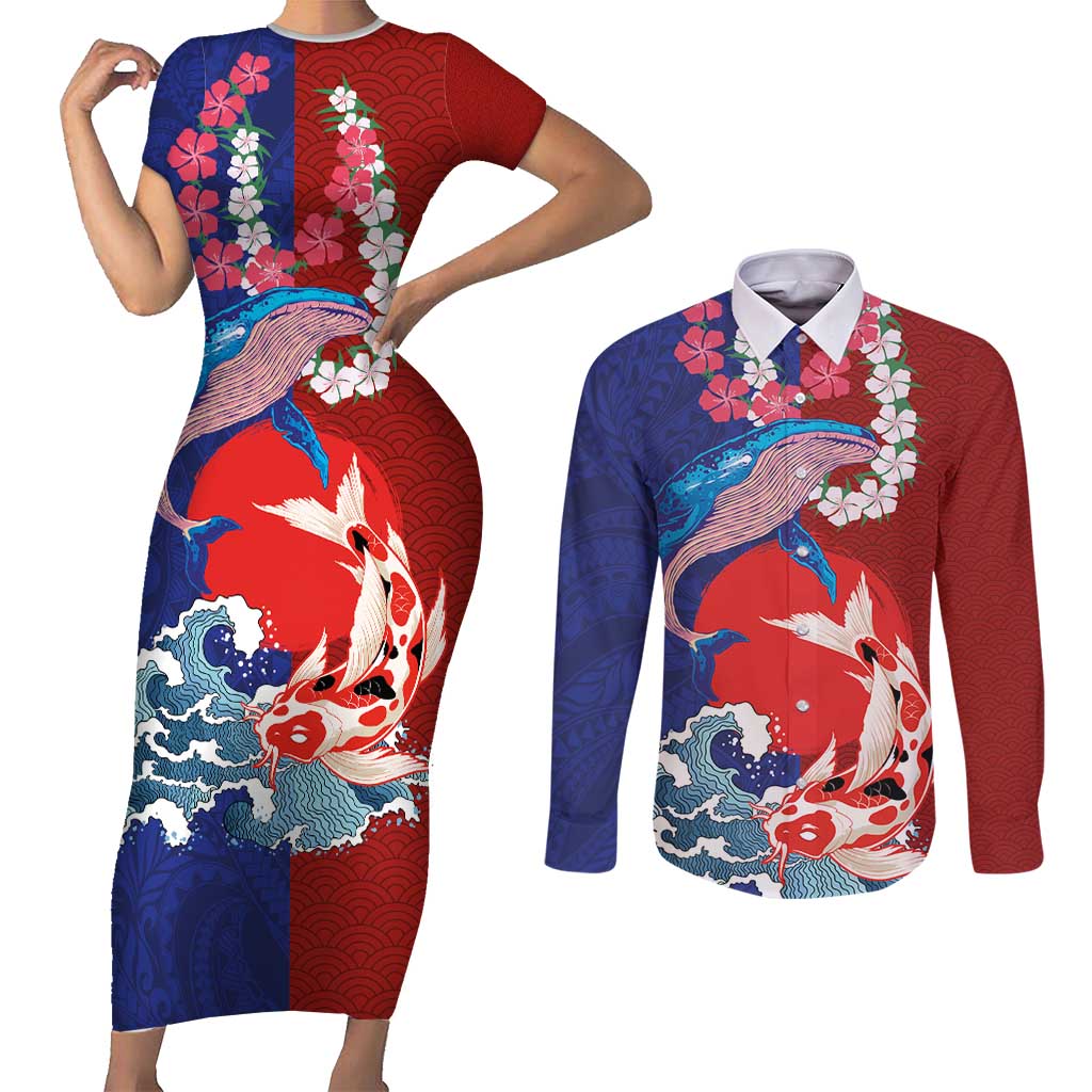 Hawaiian and Japanese Together Couples Matching Short Sleeve Bodycon Dress and Long Sleeve Button Shirt The Whale and Koi Fish with Hinomaru and Lei LT03 Blue - Polynesian Pride