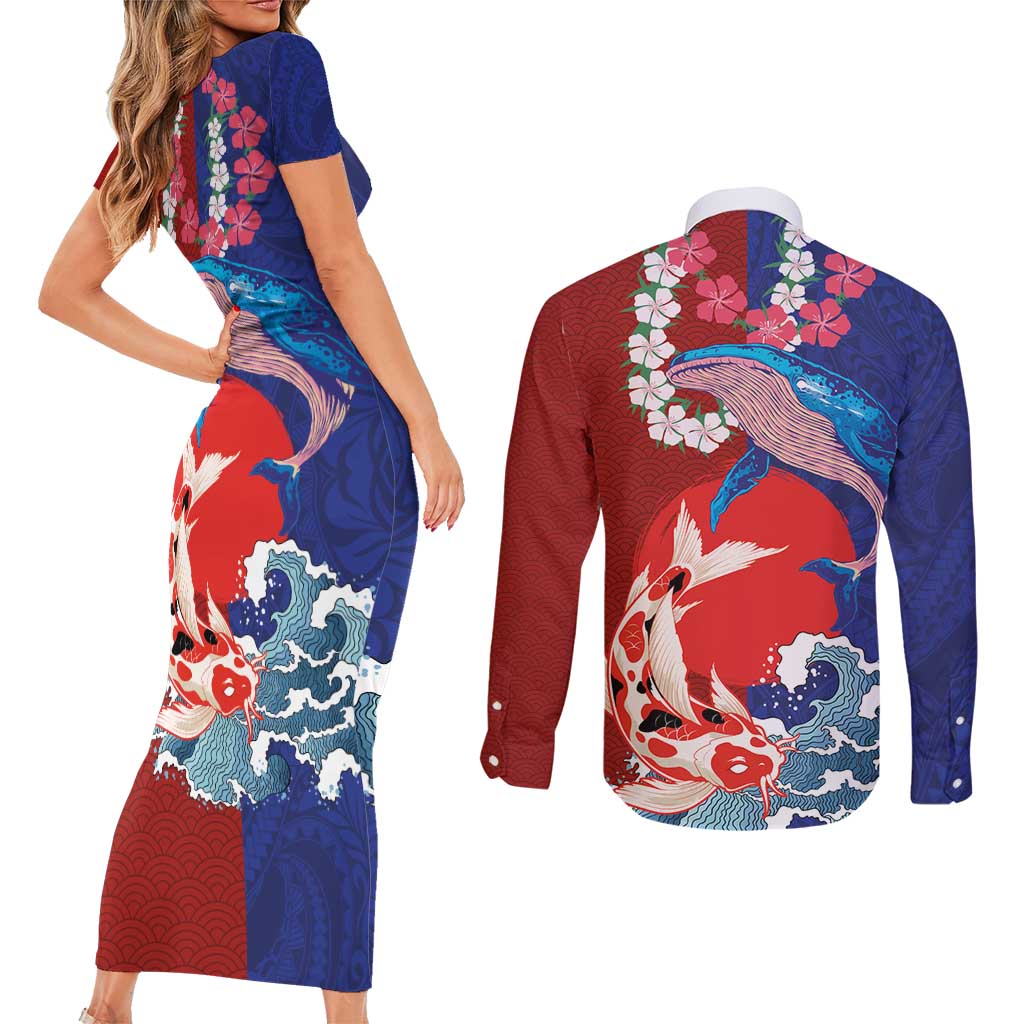 Hawaiian and Japanese Together Couples Matching Short Sleeve Bodycon Dress and Long Sleeve Button Shirt The Whale and Koi Fish with Hinomaru and Lei LT03 - Polynesian Pride