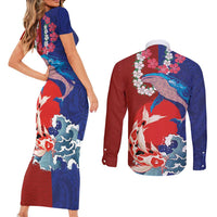 Hawaiian and Japanese Together Couples Matching Short Sleeve Bodycon Dress and Long Sleeve Button Shirt The Whale and Koi Fish with Hinomaru and Lei LT03 - Polynesian Pride