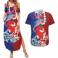 Hawaiian and Japanese Together Couples Matching Summer Maxi Dress and Hawaiian Shirt The Whale and Koi Fish with Hinomaru and Lei LT03 Blue - Polynesian Pride