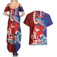 Hawaiian and Japanese Together Couples Matching Summer Maxi Dress and Hawaiian Shirt The Whale and Koi Fish with Hinomaru and Lei LT03 - Polynesian Pride