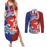 Hawaiian and Japanese Together Couples Matching Summer Maxi Dress and Long Sleeve Button Shirt The Whale and Koi Fish with Hinomaru and Lei LT03 Blue - Polynesian Pride