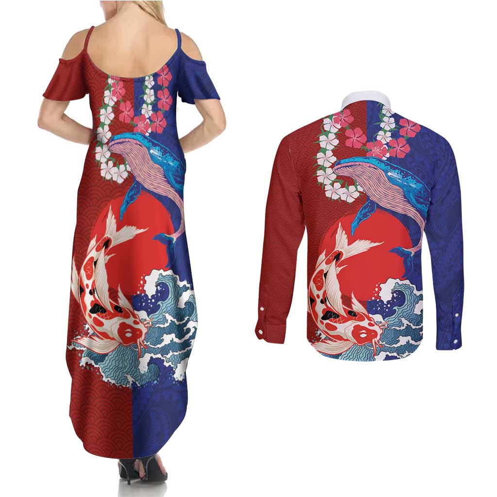 Hawaiian and Japanese Together Couples Matching Summer Maxi Dress and Long Sleeve Button Shirt The Whale and Koi Fish with Hinomaru and Lei LT03 - Polynesian Pride