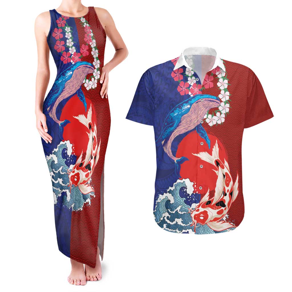 Hawaiian and Japanese Together Couples Matching Tank Maxi Dress and Hawaiian Shirt The Whale and Koi Fish with Hinomaru and Lei LT03 Blue - Polynesian Pride