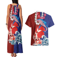 Hawaiian and Japanese Together Couples Matching Tank Maxi Dress and Hawaiian Shirt The Whale and Koi Fish with Hinomaru and Lei LT03 - Polynesian Pride