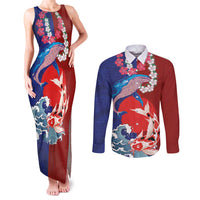 Hawaiian and Japanese Together Couples Matching Tank Maxi Dress and Long Sleeve Button Shirt The Whale and Koi Fish with Hinomaru and Lei LT03 Blue - Polynesian Pride