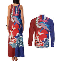Hawaiian and Japanese Together Couples Matching Tank Maxi Dress and Long Sleeve Button Shirt The Whale and Koi Fish with Hinomaru and Lei LT03 - Polynesian Pride