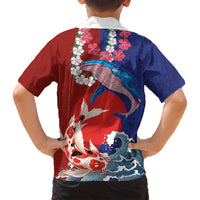 Hawaiian and Japanese Together Family Matching Long Sleeve Bodycon Dress and Hawaiian Shirt The Whale and Koi Fish with Hinomaru and Lei LT03 - Polynesian Pride