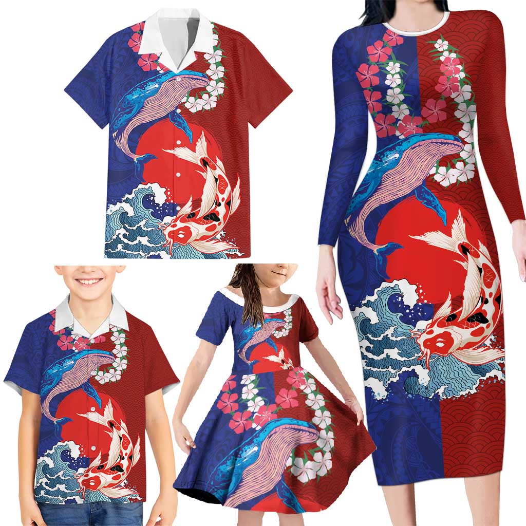 Hawaiian and Japanese Together Family Matching Long Sleeve Bodycon Dress and Hawaiian Shirt The Whale and Koi Fish with Hinomaru and Lei LT03 - Polynesian Pride
