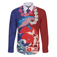 Hawaiian and Japanese Together Family Matching Long Sleeve Bodycon Dress and Hawaiian Shirt The Whale and Koi Fish with Hinomaru and Lei LT03 Dad's Shirt - Long Sleeve Blue - Polynesian Pride