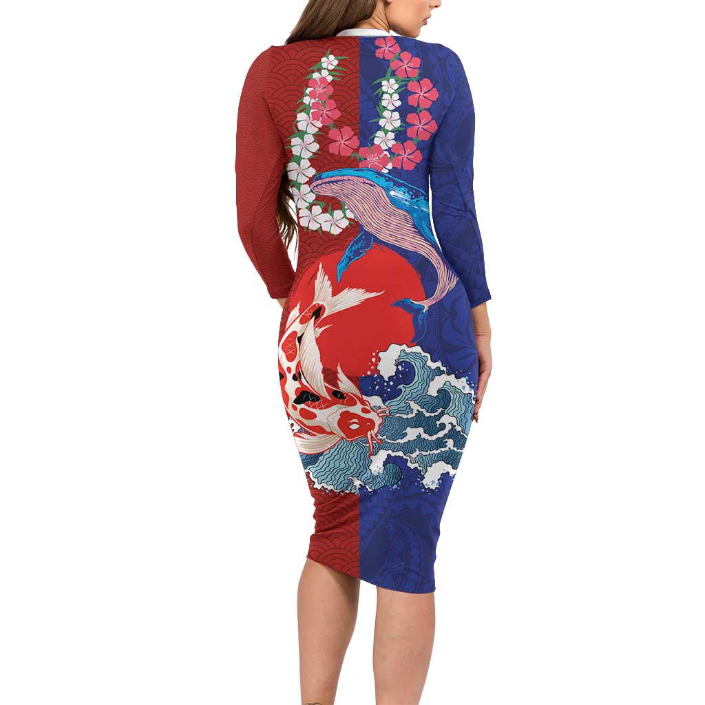 Hawaiian and Japanese Together Family Matching Long Sleeve Bodycon Dress and Hawaiian Shirt The Whale and Koi Fish with Hinomaru and Lei LT03 - Polynesian Pride
