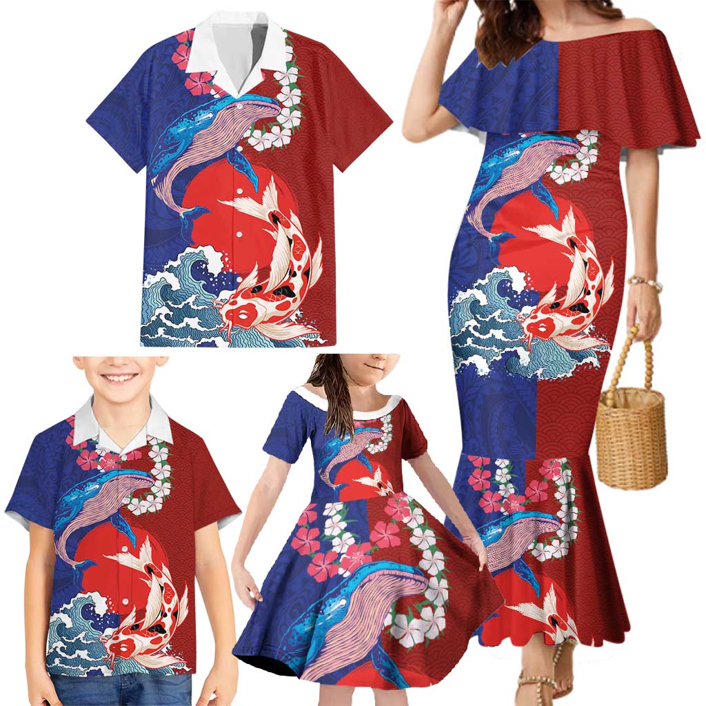 Hawaiian and Japanese Together Family Matching Mermaid Dress and Hawaiian Shirt The Whale and Koi Fish with Hinomaru and Lei LT03 - Polynesian Pride