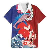 Hawaiian and Japanese Together Family Matching Mermaid Dress and Hawaiian Shirt The Whale and Koi Fish with Hinomaru and Lei LT03 Dad's Shirt - Short Sleeve Blue - Polynesian Pride