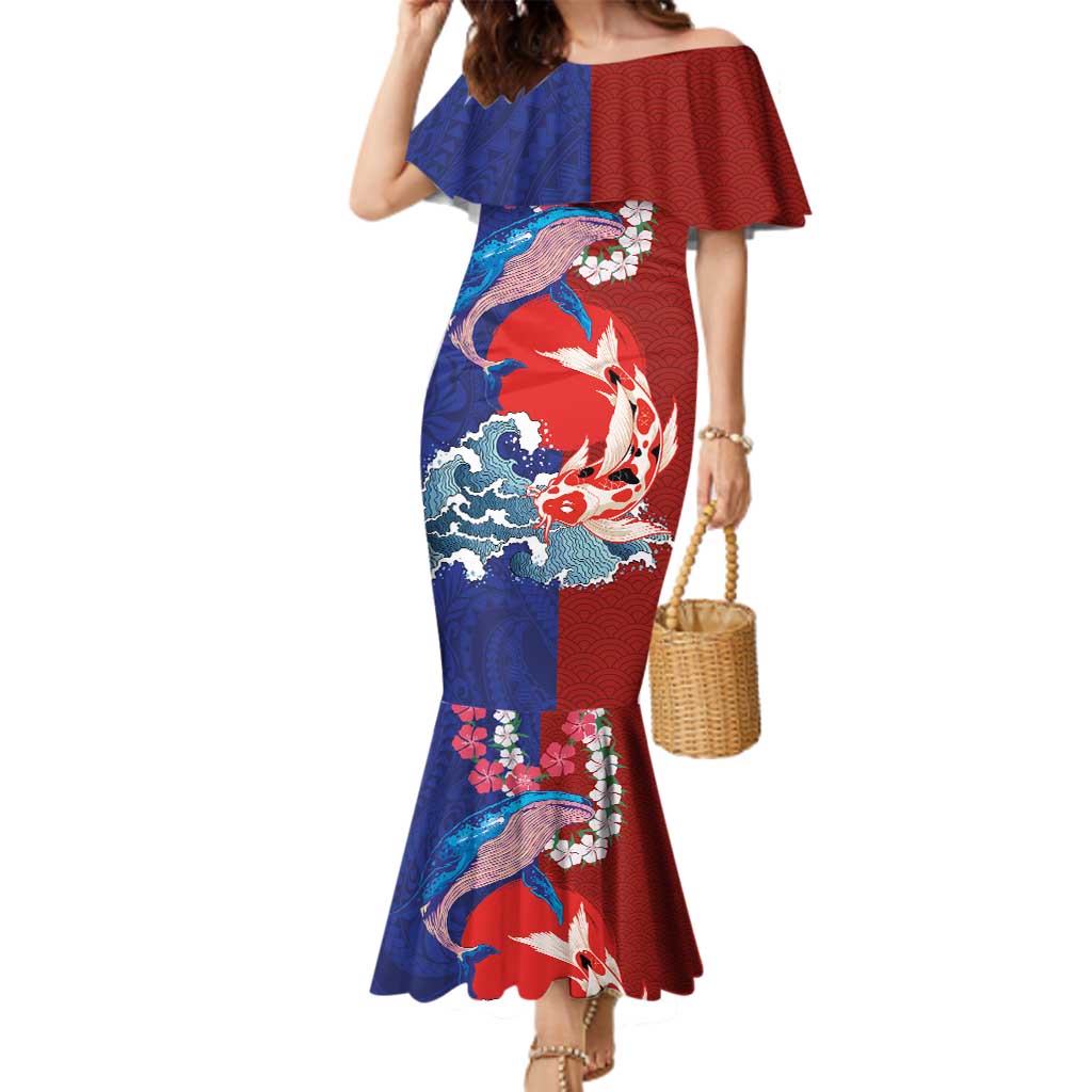 Hawaiian and Japanese Together Family Matching Mermaid Dress and Hawaiian Shirt The Whale and Koi Fish with Hinomaru and Lei LT03 Mom's Dress Blue - Polynesian Pride
