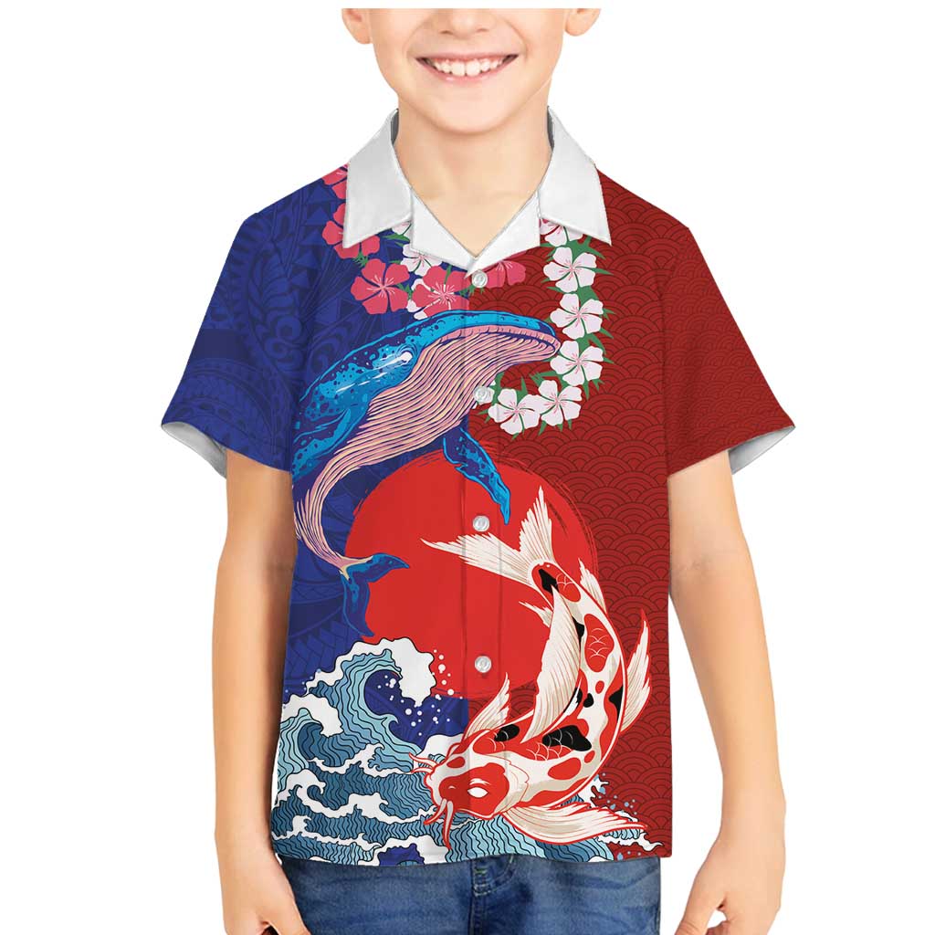 Hawaiian and Japanese Together Family Matching Mermaid Dress and Hawaiian Shirt The Whale and Koi Fish with Hinomaru and Lei LT03 Son's Shirt Blue - Polynesian Pride