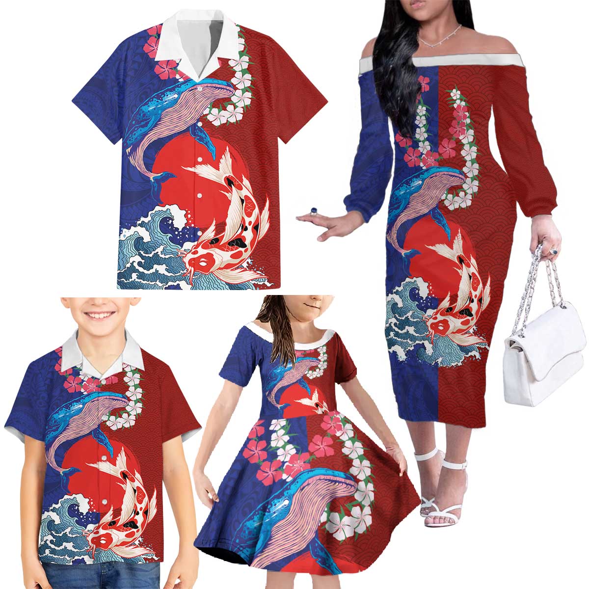 Hawaiian and Japanese Together Family Matching Off The Shoulder Long Sleeve Dress and Hawaiian Shirt The Whale and Koi Fish with Hinomaru and Lei LT03 Blue - Polynesian Pride