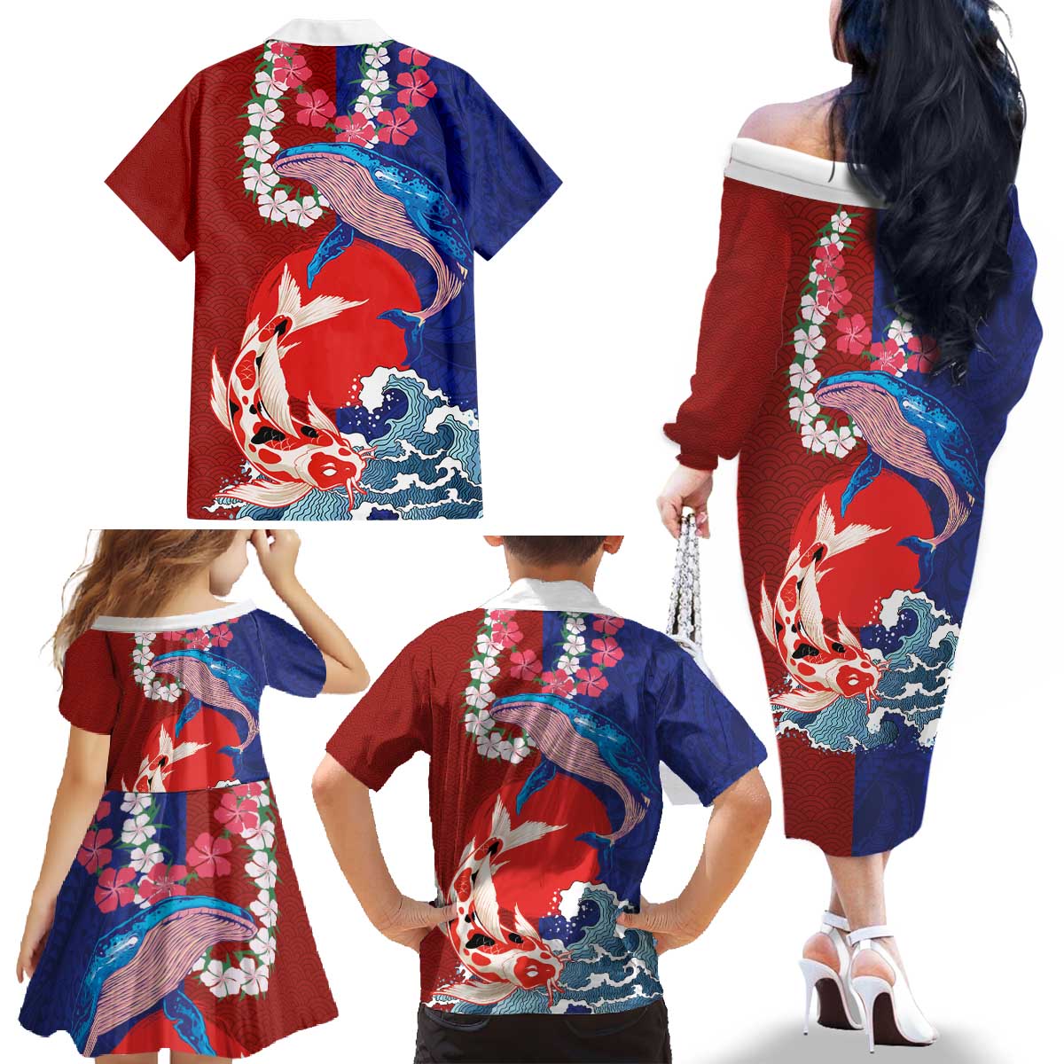 Hawaiian and Japanese Together Family Matching Off The Shoulder Long Sleeve Dress and Hawaiian Shirt The Whale and Koi Fish with Hinomaru and Lei LT03 - Polynesian Pride