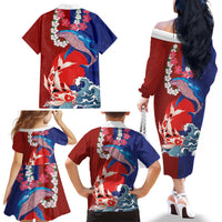 Hawaiian and Japanese Together Family Matching Off The Shoulder Long Sleeve Dress and Hawaiian Shirt The Whale and Koi Fish with Hinomaru and Lei LT03 - Polynesian Pride