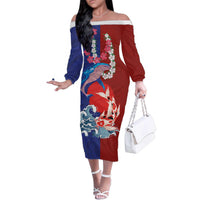Hawaiian and Japanese Together Family Matching Off The Shoulder Long Sleeve Dress and Hawaiian Shirt The Whale and Koi Fish with Hinomaru and Lei LT03 - Polynesian Pride