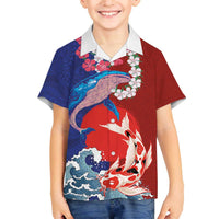 Hawaiian and Japanese Together Family Matching Off The Shoulder Long Sleeve Dress and Hawaiian Shirt The Whale and Koi Fish with Hinomaru and Lei LT03 - Polynesian Pride