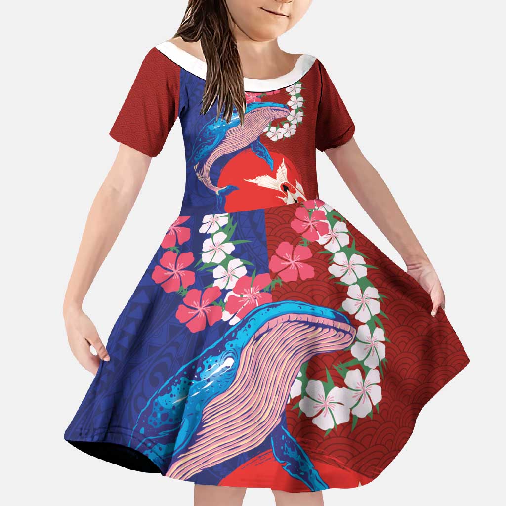 Hawaiian and Japanese Together Family Matching Off Shoulder Maxi Dress and Hawaiian Shirt The Whale and Koi Fish with Hinomaru and Lei LT03 Daughter's Dress Blue - Polynesian Pride