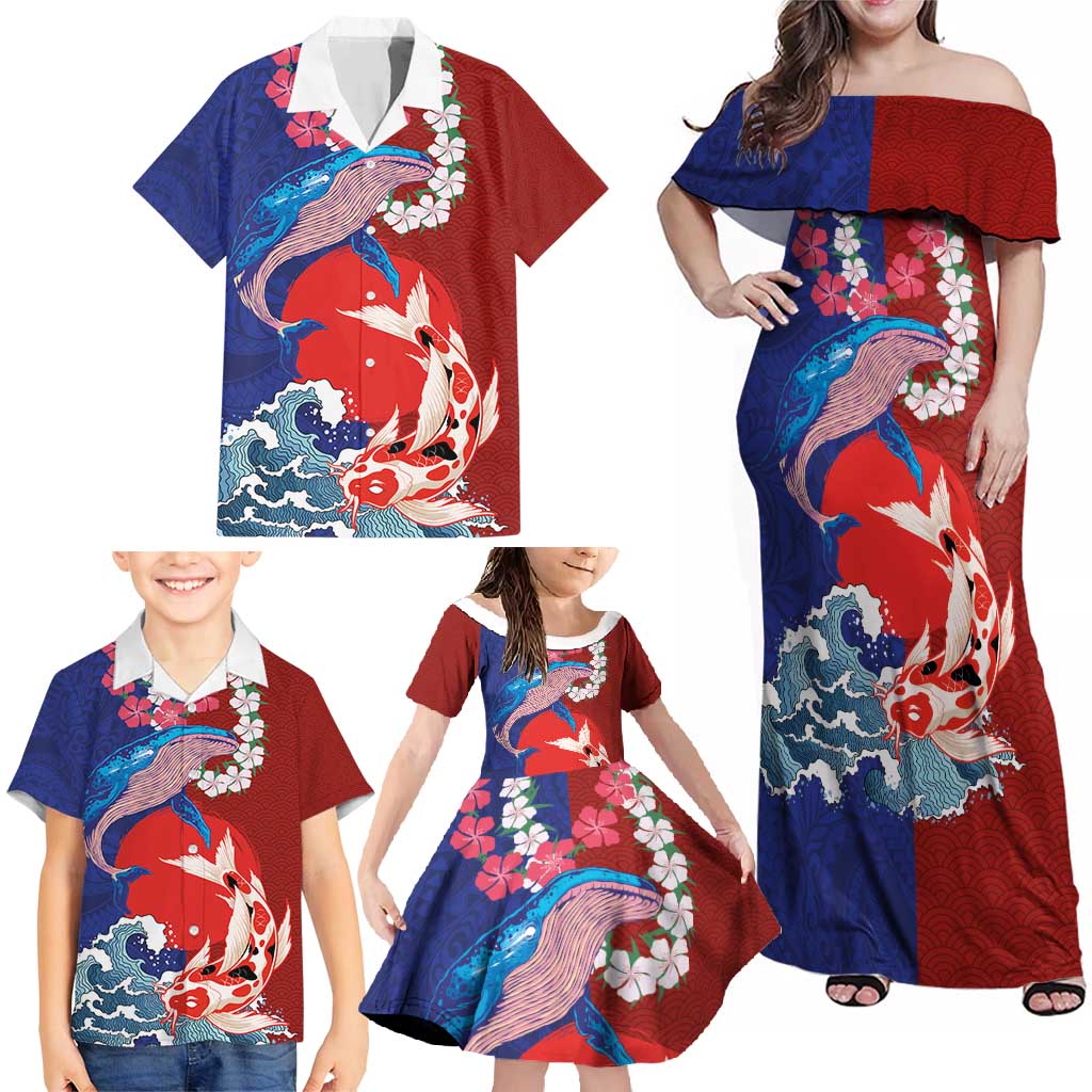 Hawaiian and Japanese Together Family Matching Off Shoulder Maxi Dress and Hawaiian Shirt The Whale and Koi Fish with Hinomaru and Lei LT03 - Polynesian Pride