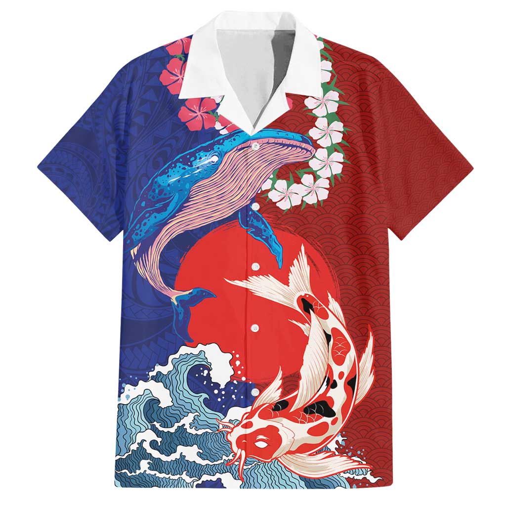 Hawaiian and Japanese Together Family Matching Off Shoulder Maxi Dress and Hawaiian Shirt The Whale and Koi Fish with Hinomaru and Lei LT03 Dad's Shirt - Short Sleeve Blue - Polynesian Pride