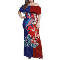 Hawaiian and Japanese Together Family Matching Off Shoulder Maxi Dress and Hawaiian Shirt The Whale and Koi Fish with Hinomaru and Lei LT03 Mom's Dress Blue - Polynesian Pride