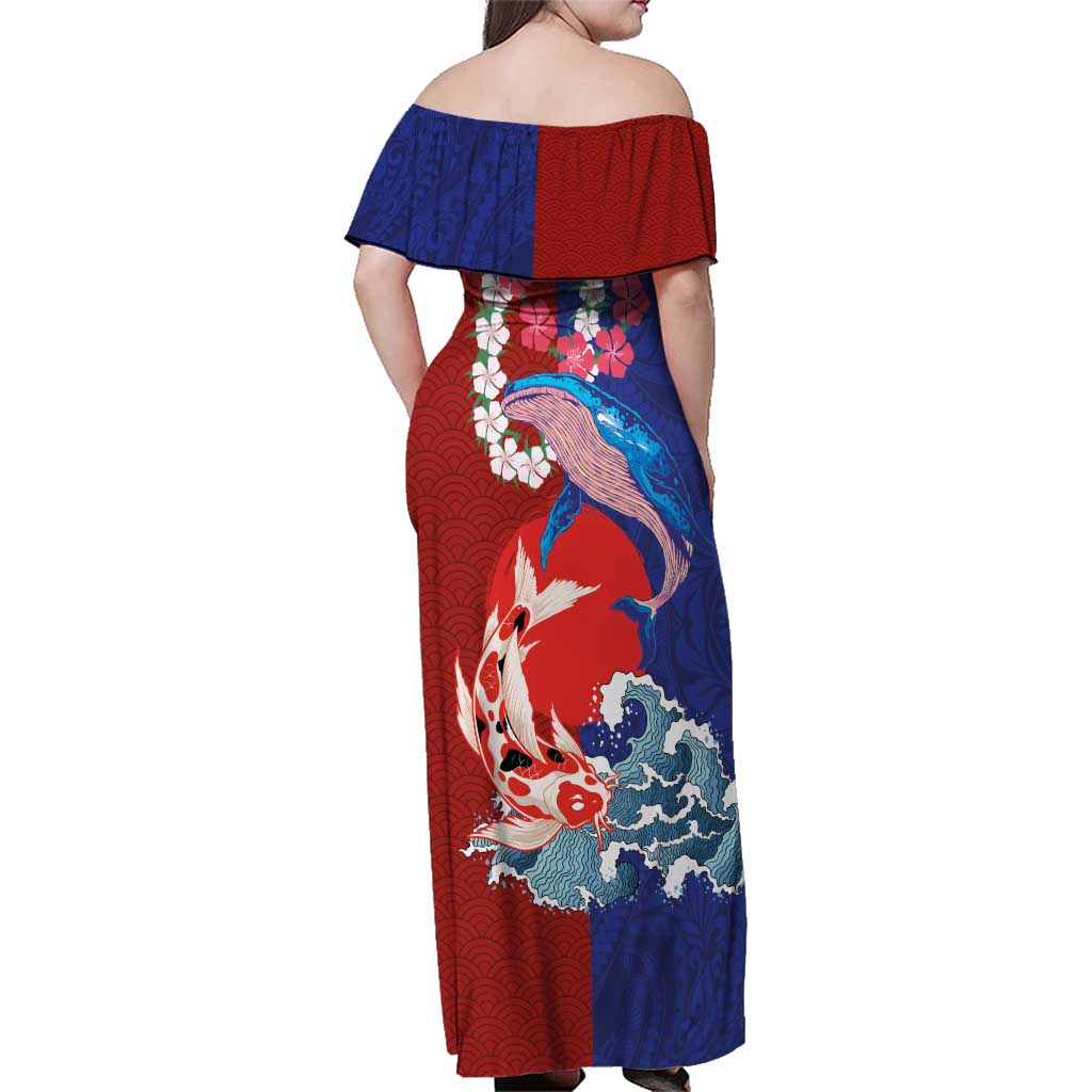 Hawaiian and Japanese Together Family Matching Off Shoulder Maxi Dress and Hawaiian Shirt The Whale and Koi Fish with Hinomaru and Lei LT03 - Polynesian Pride